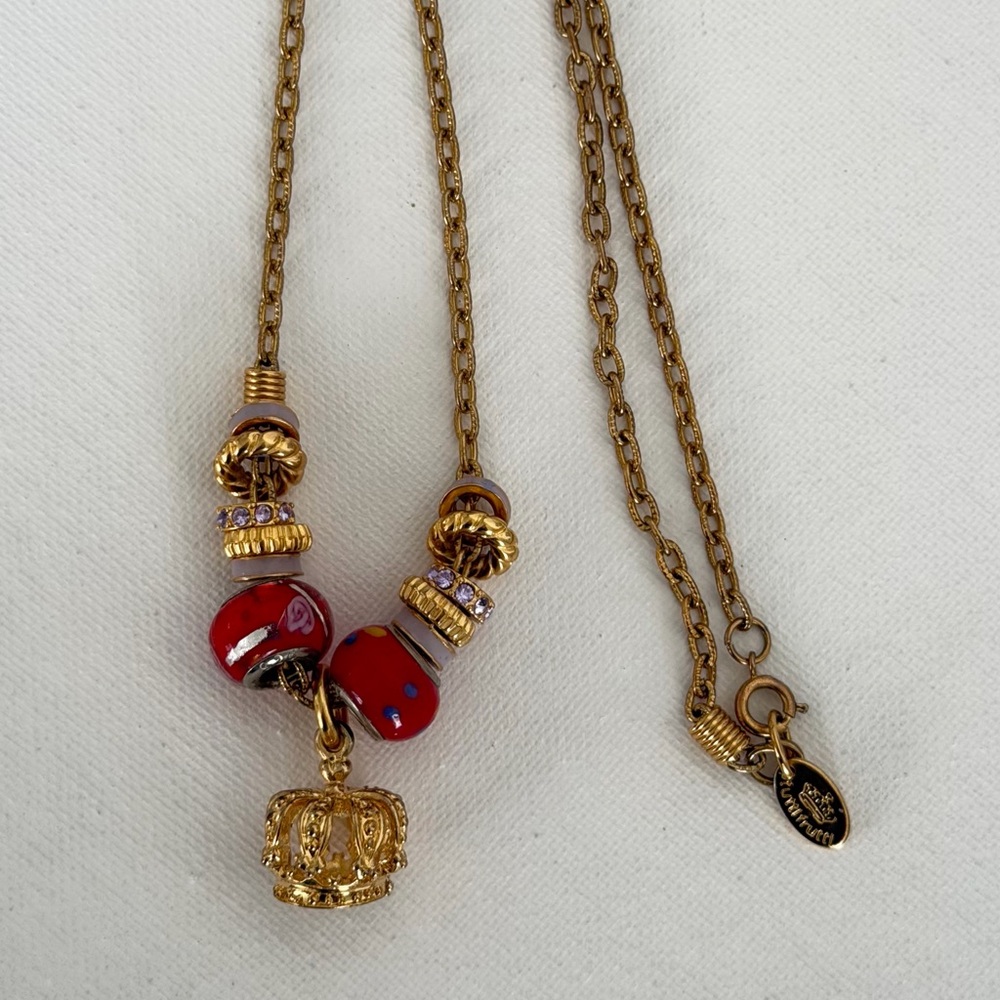 Gold-Tone Tutti Frutti Necklace with Red Bead Accents and Crown Charm